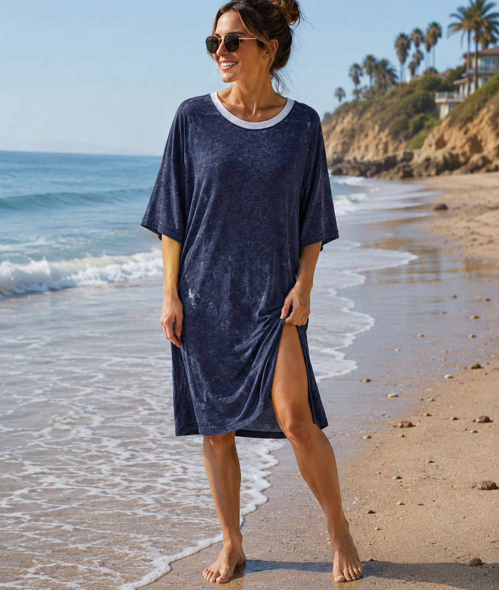 WE THE FREE Cotton Blend Lightweight Burnout Cover-Up Medium Navy Blue Thrashed